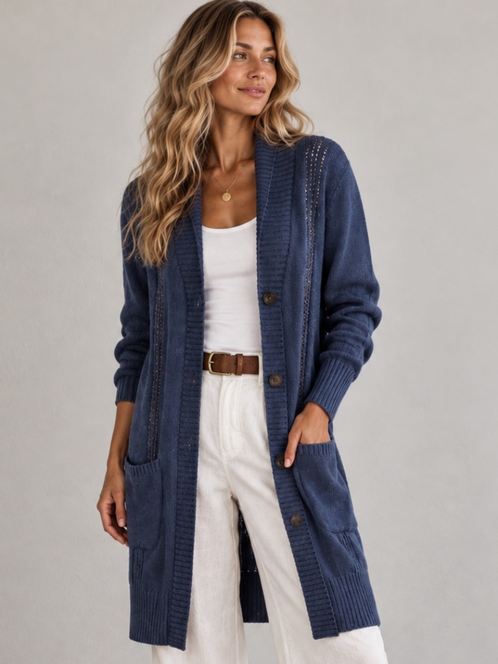 UGG Hayley Knit Shawl Collar Cardigan Cable Sweater Duster Navy Blue Long M/L